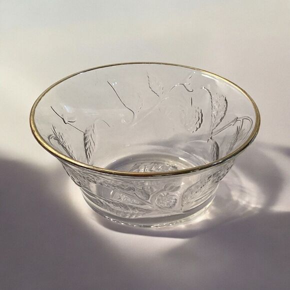 France Clear Glass Berry Bowl with Gold Rim and Embossed Berry’s & Vines - Picture 1 of 4